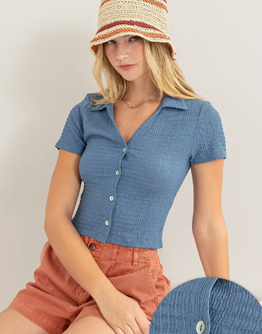 Crinkle Knit Button Front Top
