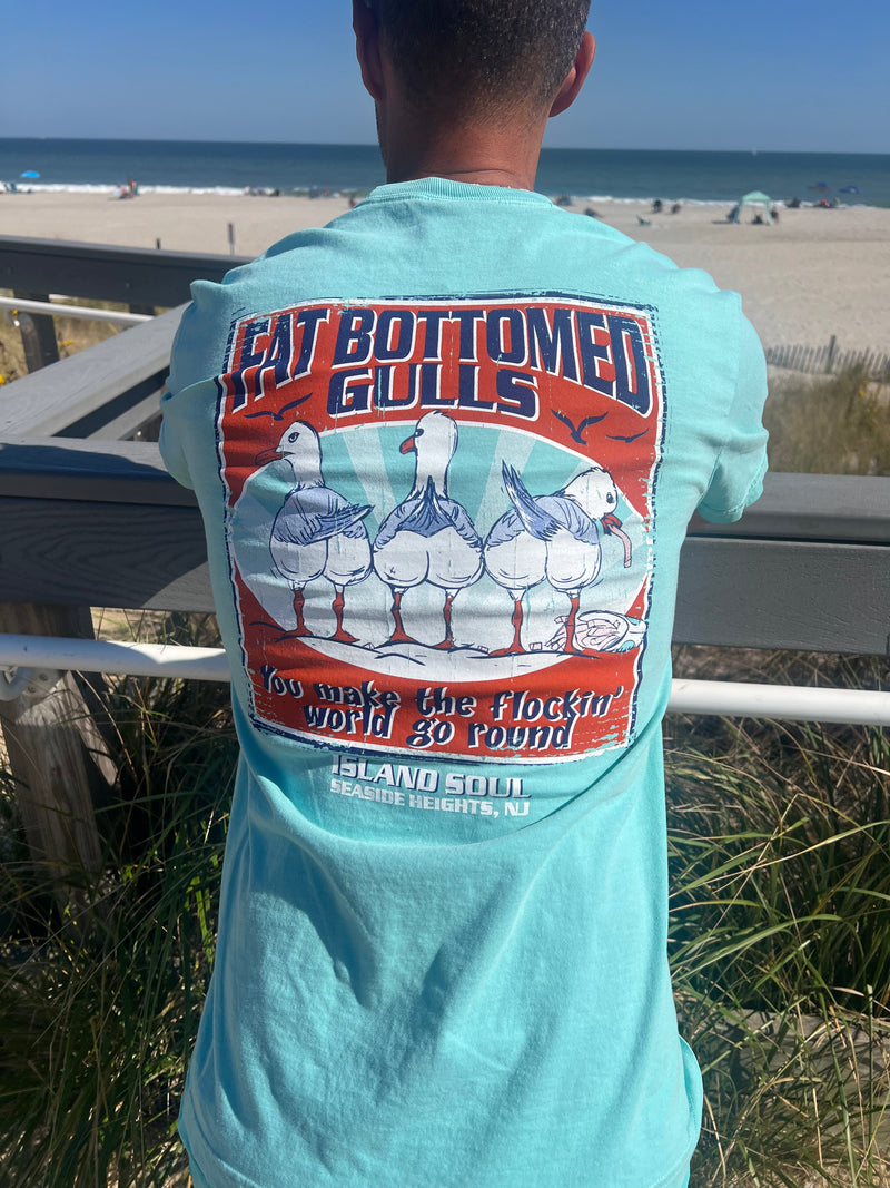 Mint green "Fat Bottom Gulls" T-shirt "You Make the Flockin' World Go Round" - Island Soul Seaside Heights New Jersey
