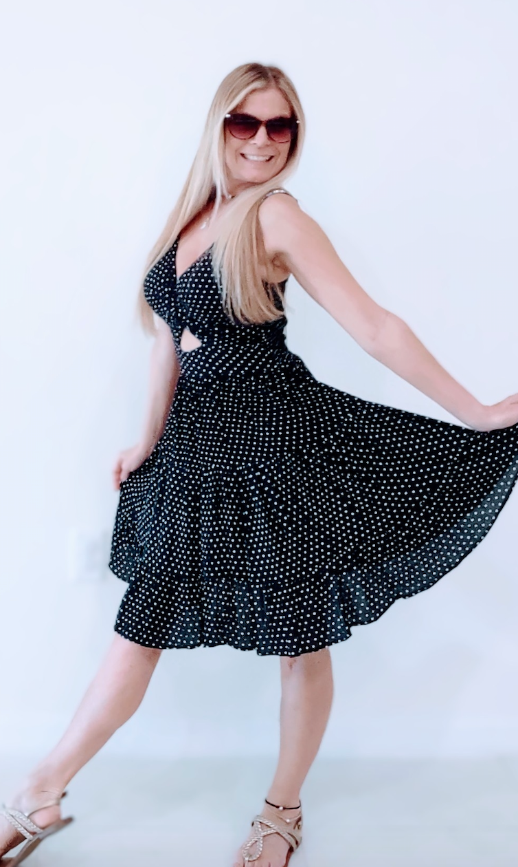 Woman in a black sundress with white Polka dots by Angie - Island Soul Clothing & Gifts Seaside Heights New Jersey