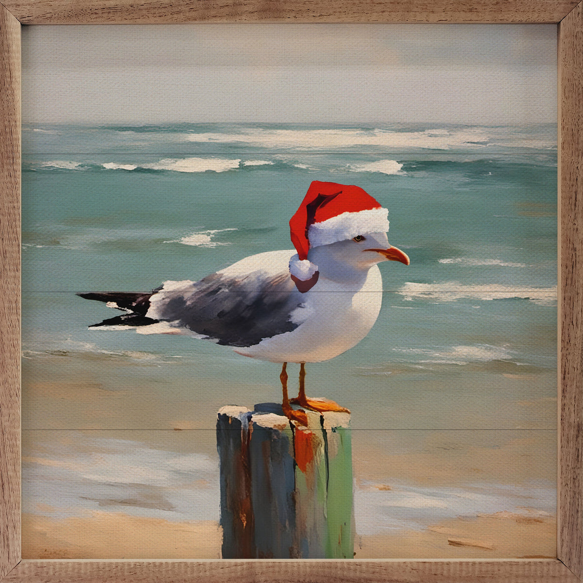 Seagull wearing a Santa hat on a beach with ocean in the background wood sign - Island Soul Clothing & Gifts Seaside Heights New Jersey