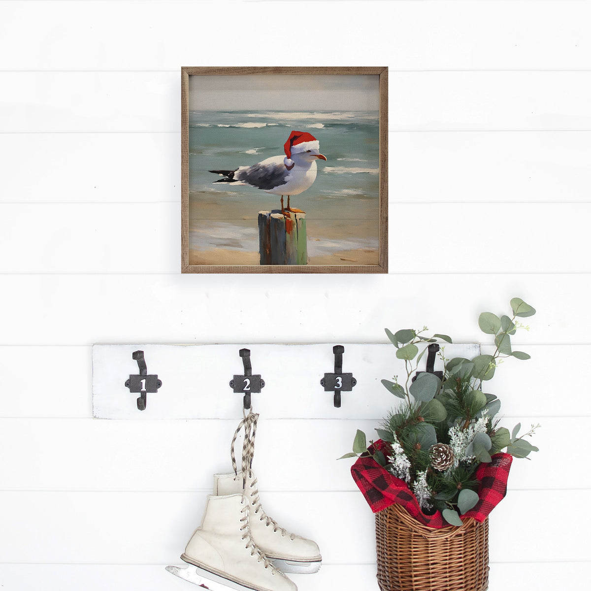Seagull wearing a Santa hat on a beach with ocean in the background wood sign - Island Soul Clothing & Gifts Seaside Heights New Jersey