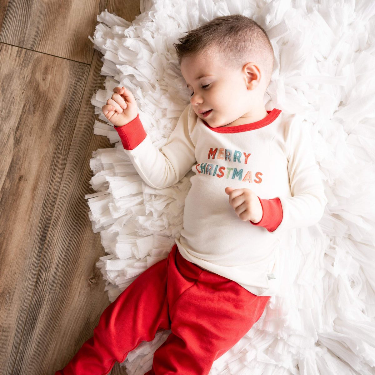 Toddler Christmas pajama set "Merry Christmas" text on white shirt with red trim and red bottoms - Island Soul Clothing & Gifts Seaside Heights New Jersey