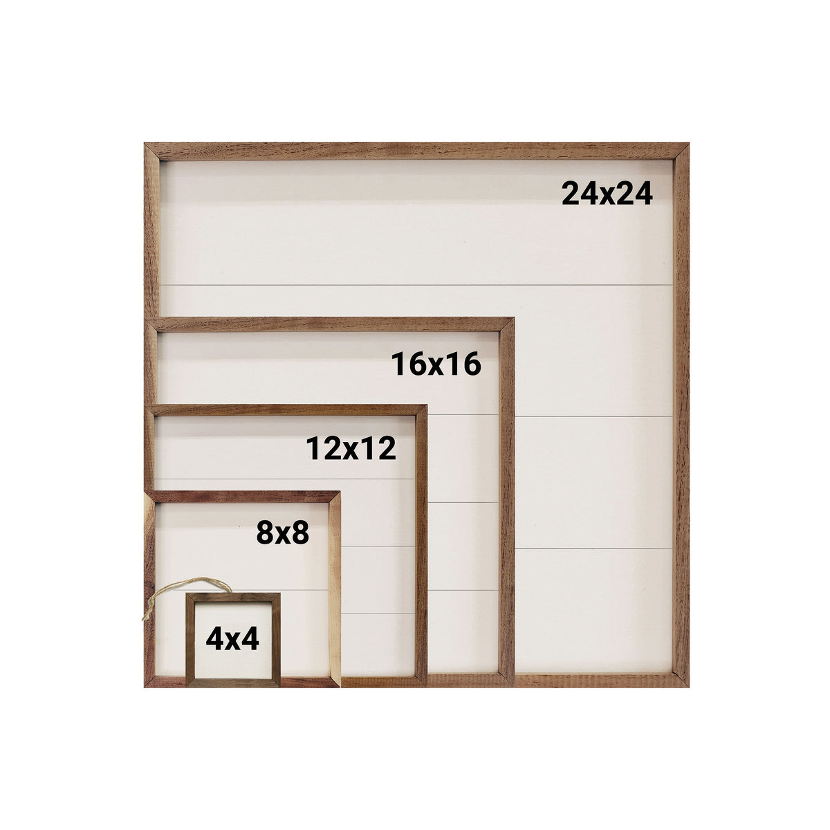 Set of wooden picture frames with dimensions labeled on a white background