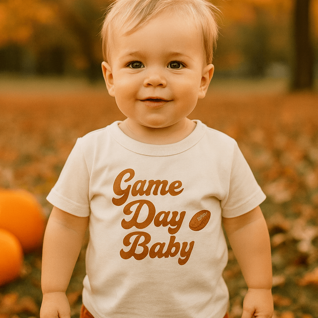 'Game Day Baby' text on a white toddler t-shirt  white background with football graphic - Island Soul Clothing & Gifts Seaside Heights