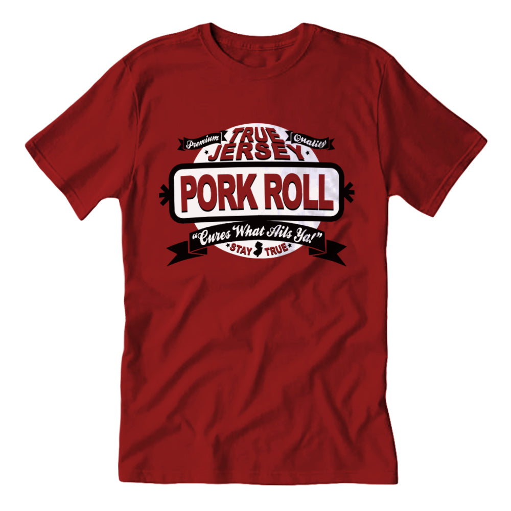Red t-shirt with 'True Jersey Pork Roll' graphic "Cures What Ails Ya" - Island Soul Clothing & Gifts Seaside Heights New Jersey