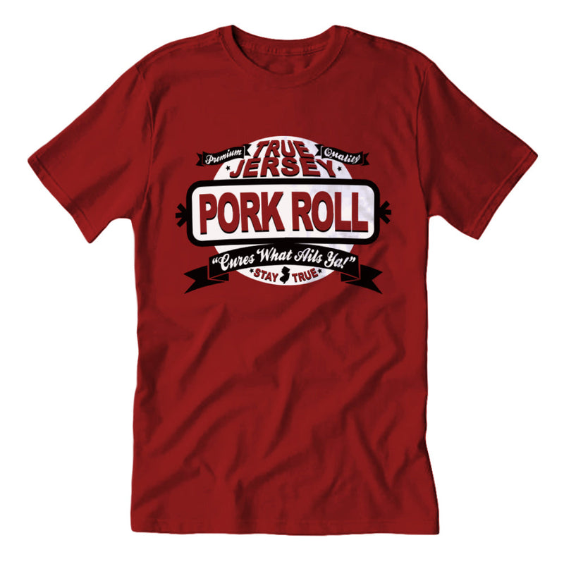 Red t-shirt with 'True Jersey Pork Roll' graphic "Cures What Ails Ya" - Island Soul Clothing & Gifts Seaside Heights New Jersey