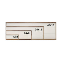 Set of wooden picture frames with dimensions labeled on a white background