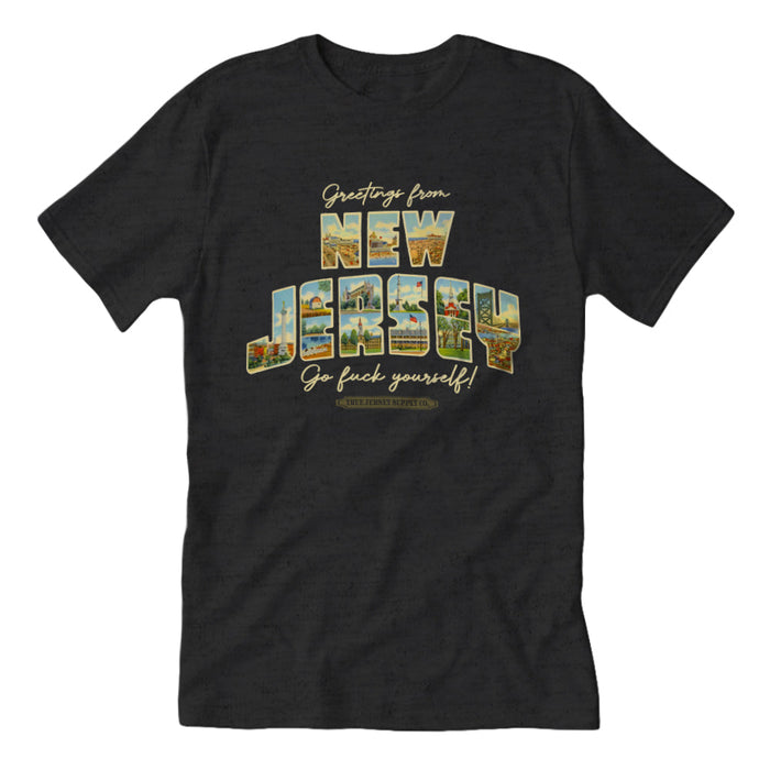 Black t-shirt with 'Greetings from New Jersey' graphic design "Go fuck yourself" - Island Soul Clothing & Gifts Seaside Heights New Jersey