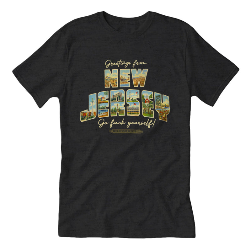 Black t-shirt with 'Greetings from New Jersey' graphic design "Go fuck yourself" - Island Soul Clothing & Gifts Seaside Heights New Jersey