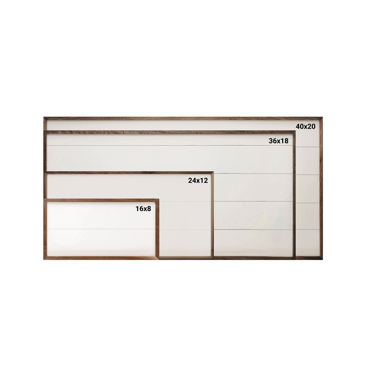 Set of wooden frames with dimensions labeled on a white background