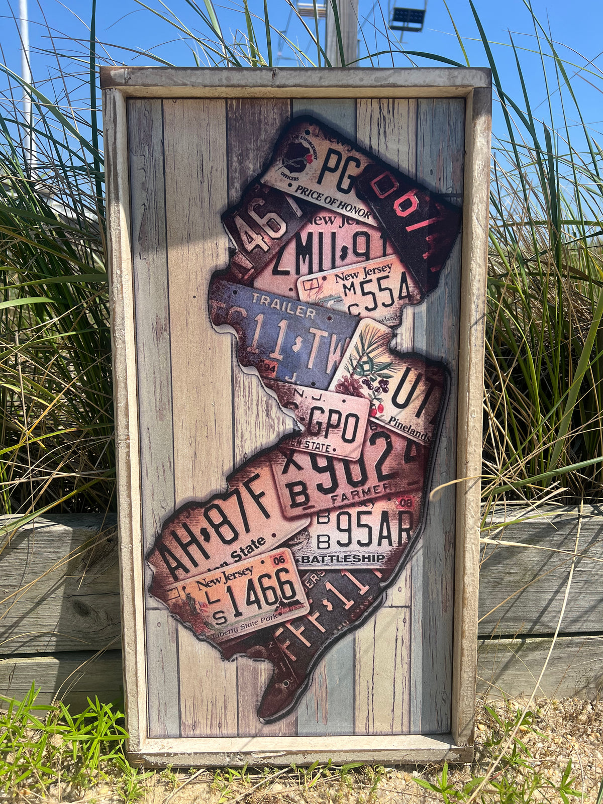 Wood sign with the shape of New Jersey graphic made of license plates - Island Soul Clothing & Gifts Seaside Heights New Jersey
