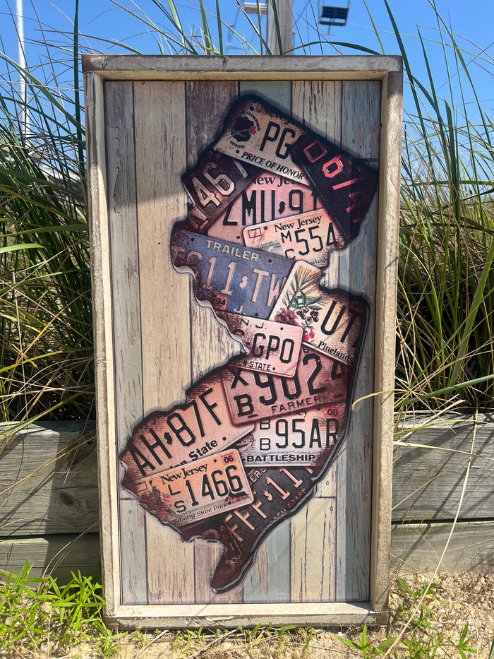 Wood sign with the shape of New Jersey graphic made of license plates - Island Soul Clothing & Gifts Seaside Heights New Jersey
