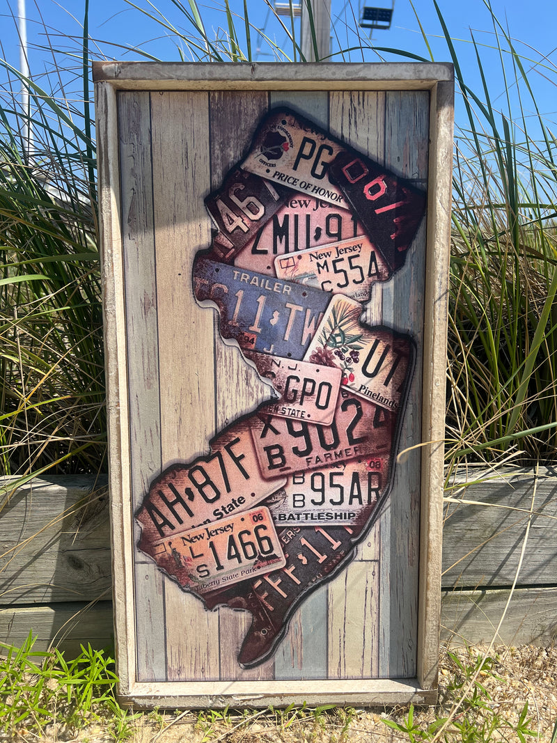 Wood sign with the shape of New Jersey graphic made of license plates - Island Soul Clothing & Gifts Seaside Heights New Jersey