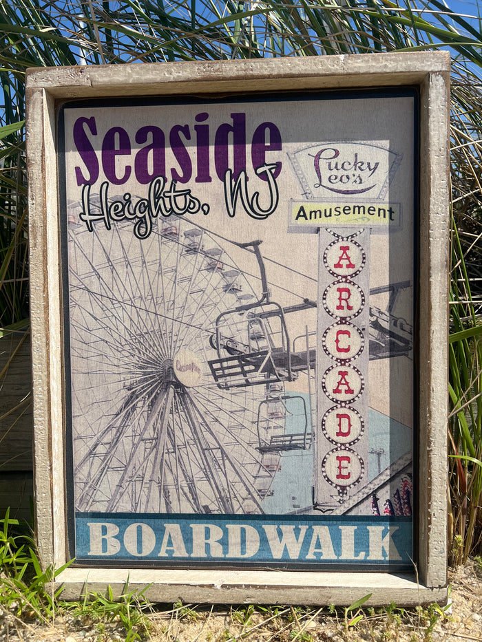 Decorative framed wood sign with 'Seaside Heights, NJ' Boardwalk and 'Lucky Leo's Amusement Arcade Boardwalk' text, featuring a Ferris wheel illustration - Island Soul Clothing & Gifts Seaside Heights New Jersey