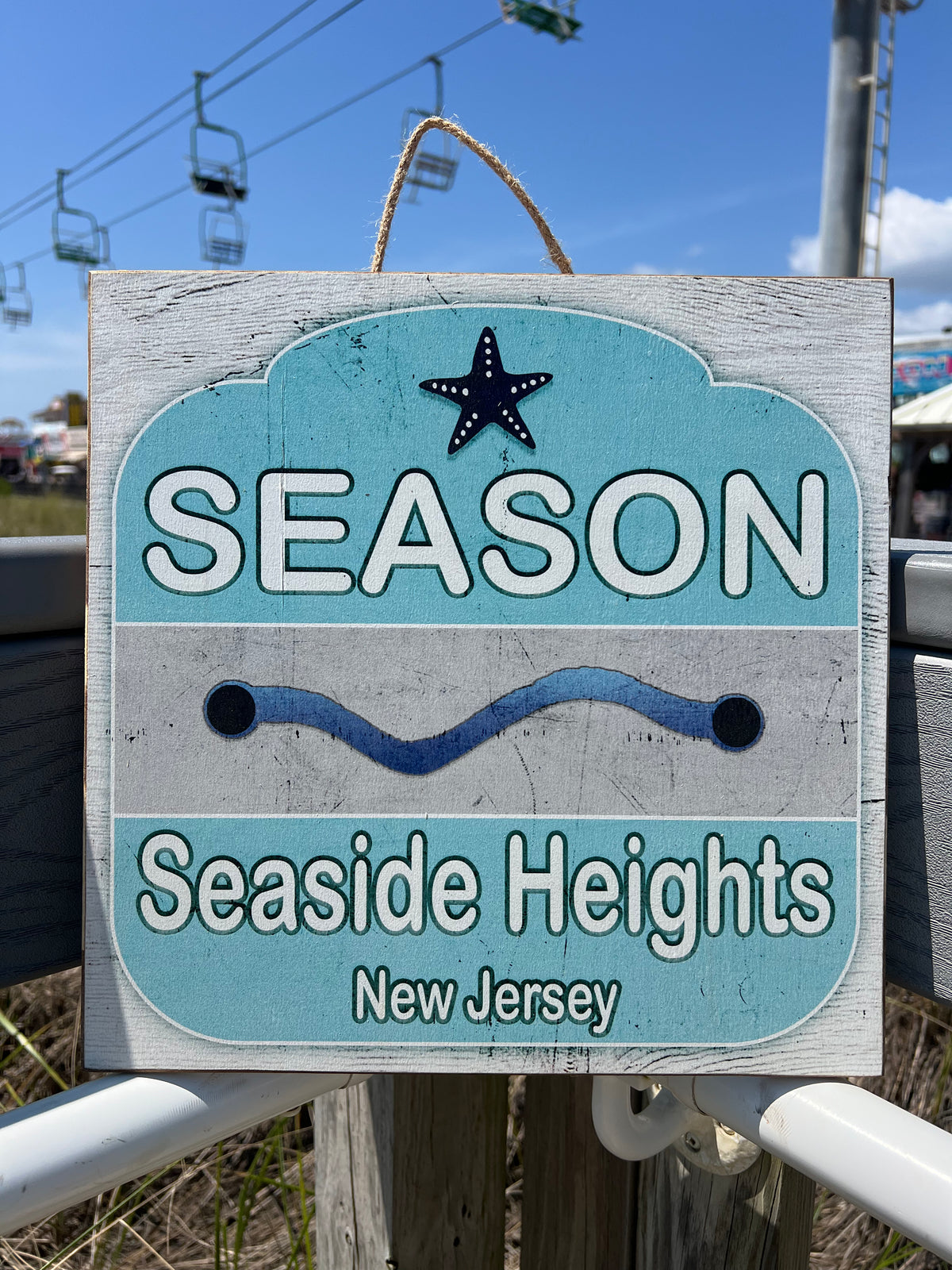 Wooden Beach Badge Sign with "SEASON Seaside Heights New Jersey" text and starfish design - Island Soul Clothing & Gifts Seaside Heights New Jersey