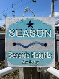 Wooden Beach Badge Sign with "SEASON Seaside Heights New Jersey" text and starfish design - Island Soul Clothing & Gifts Seaside Heights New Jersey