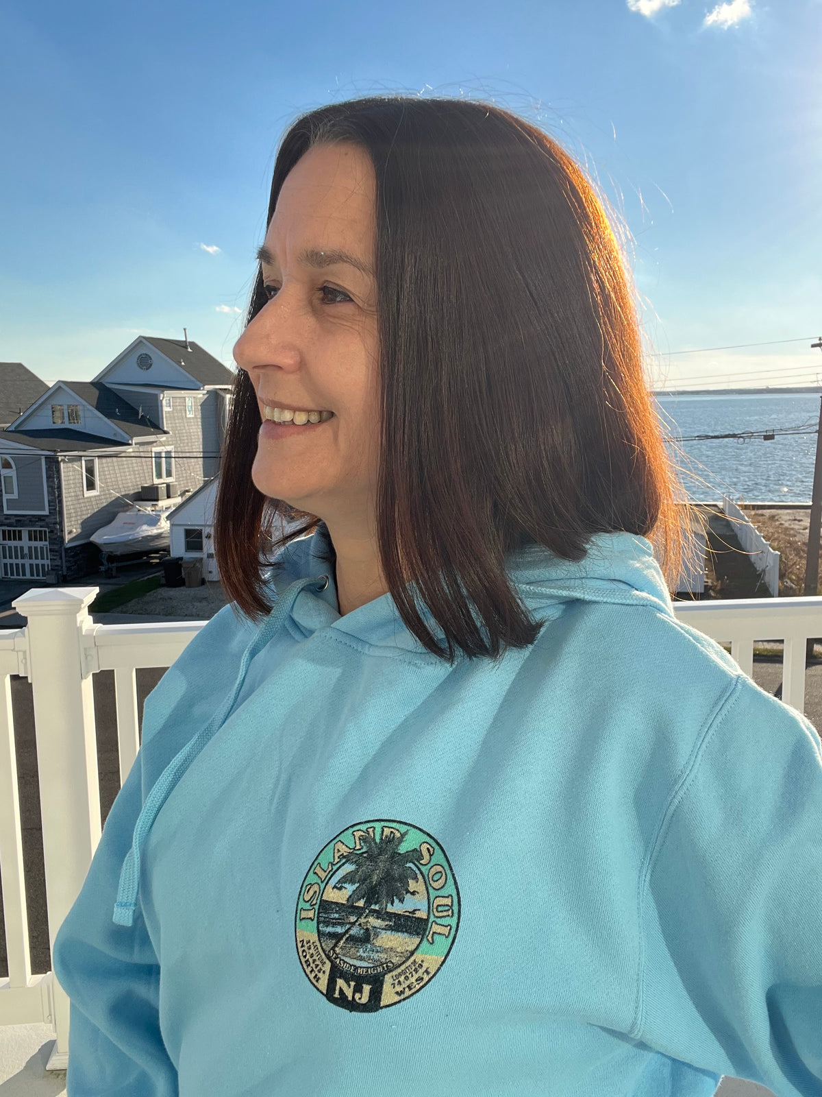 Island Soul baby blue sweatshirt hoodie front left chest palm tree graphic Seaside Heights New Jersey