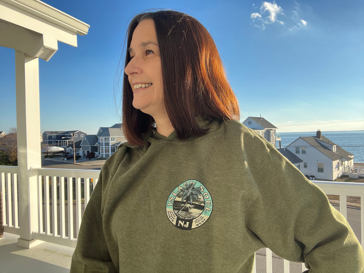 Island Soul heather army green sweatshirt hoodie front left chest palm tree graphic Seaside Heights New Jersey