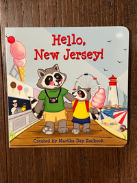 Children's book titled 'Hello, New Jersey!' with illustrations of raccoons on the boardwalk - Island Soul Clothing & Gifts Seaside Heights New Jersey