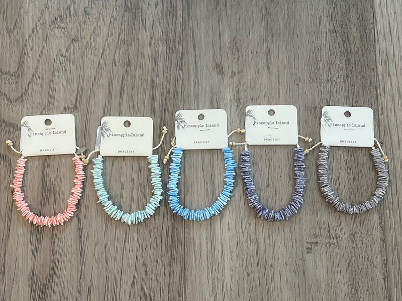 Five puka shell bracelets in the colors salmon, seafoam, ocean blue, purple and gray - Island Soul Clothing & Gifts Seaside Heights New Jersey