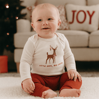 Long sleeve baby Onesie bodysuit with reindeer graphic "Little Deer Big Cheer" text - Island Soul Clothing & Gifts Seaside Heights New Jersey