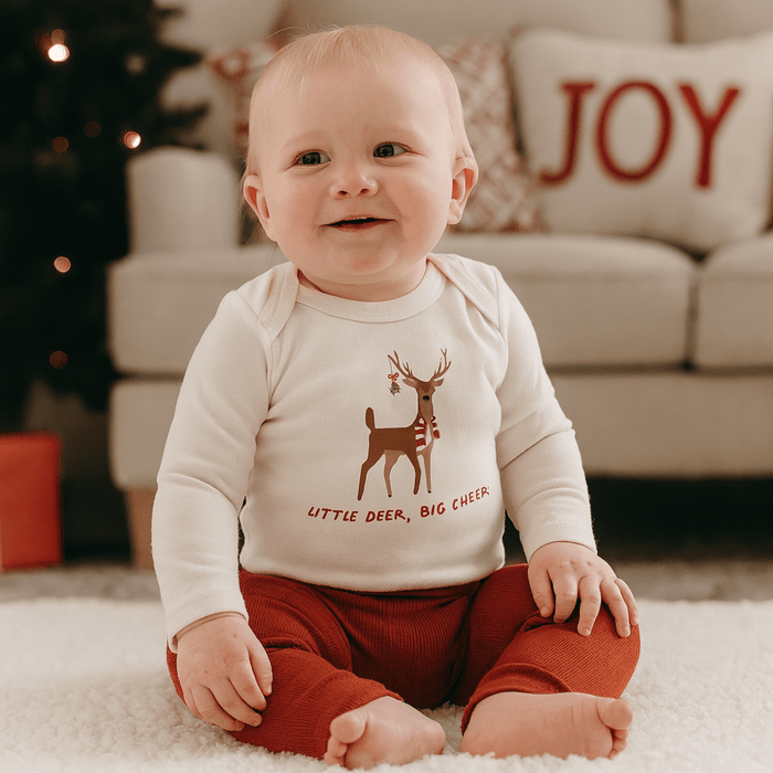 Long sleeve baby Onesie bodysuit with reindeer graphic "Little Deer Big Cheer" text - Island Soul Clothing & Gifts Seaside Heights New Jersey