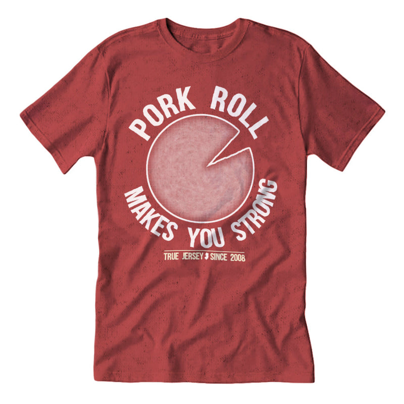 Red t-shirt with 'Pork Roll Makes You Strong' pork roll graphic - Island Soul Clothing & Gifts Seaside Heights New Jersey