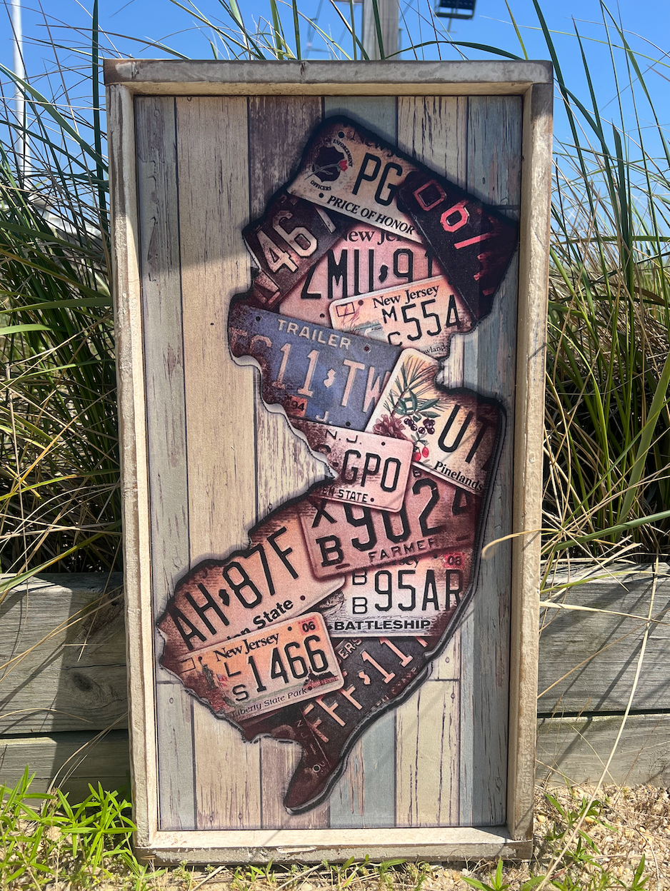Map of New Jersey made from vintage license plates graphic wood sign - Island Soul Clothing & Gifts Seaside Heights New Jersey