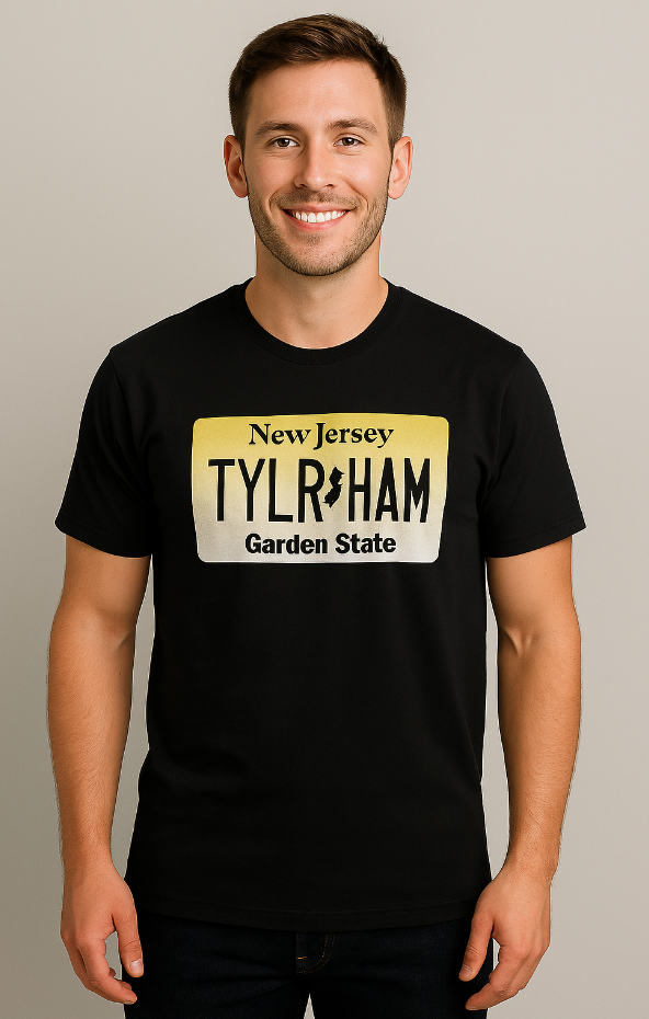 Black t-shirt with 'New Jersey Taylor Ham Garden State' License plate graphic design - Island Soul Clothing & Gifts Seaside Heights New Jersey