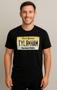 Black t-shirt with 'New Jersey Taylor Ham Garden State' License plate graphic design - Island Soul Clothing & Gifts Seaside Heights New Jersey