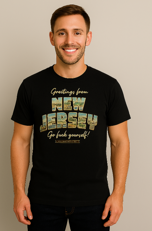 Man wearing a black t-shirt with 'Greetings from New Jersey' graphic "Go Fuck Yourself" Island Soul Clothing & Gifts Seaside Heights New Jersey