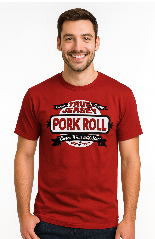 Red t-shirt with 'True Jersey Pork Roll' graphic text - Island Soul Clothing & Gifts Seaside Heights New Jersey
