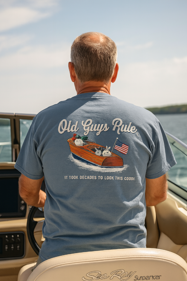 Old Guys Rule Chris Craft Boat T-shirt – men’s Blue tee boat back graphic – Island Soul Seaside Heights NJ