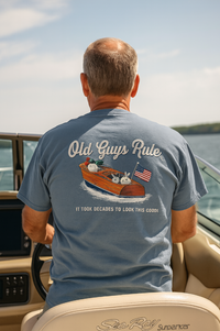 Old Guys Rule Chris Craft Boat T-shirt – men’s Blue tee boat back graphic – Island Soul Seaside Heights NJ