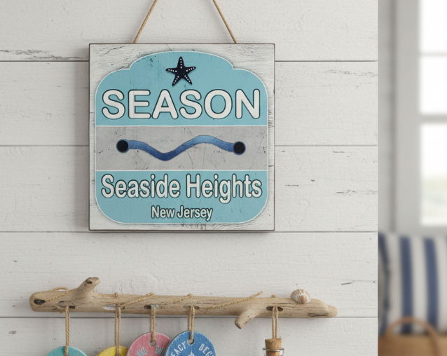 Wooden Beach Badge Sign with "SEASON Seaside Heights New Jersey" text and starfish design - Island Soul Clothing & Gifts Seaside Heights New Jersey
