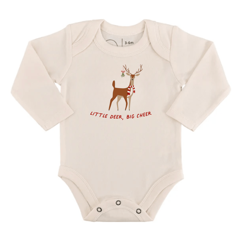 Long sleeve baby Onesie bodysuit with reindeer graphic "Little Deer Big Cheer" text - Island Soul Clothing & Gifts Seaside Heights New Jersey