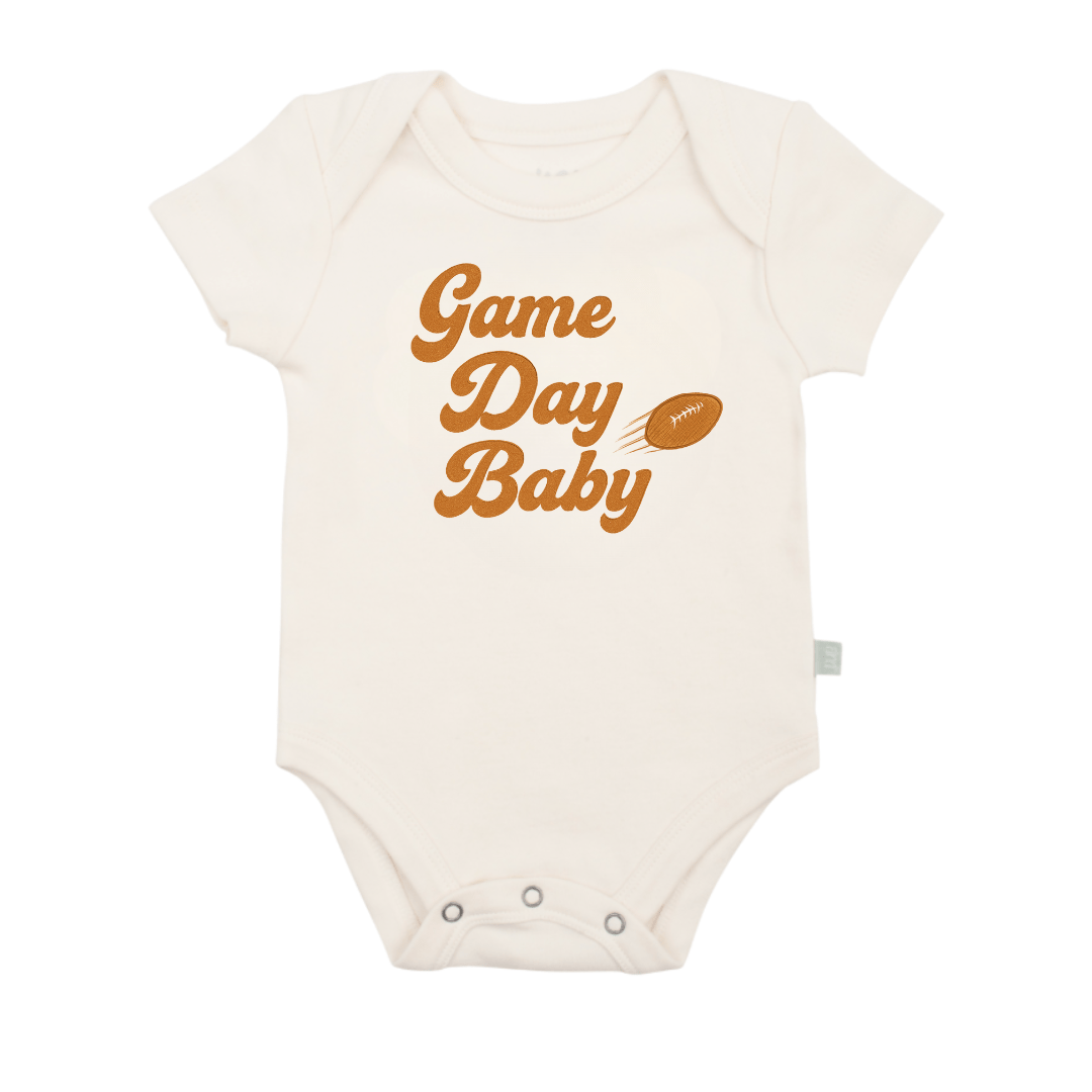 Baby onesie with 'Game Day Baby' text on a white background with football graphic - Island Soul Clothing & Gifts Seaside Heights