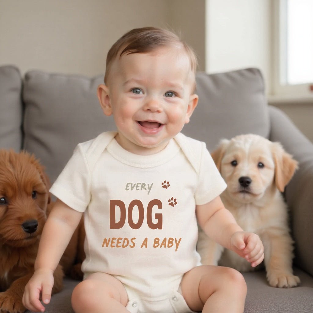 Baby onesie with 'Every Dog Needs a Baby' text on a white background - Island Soul Clothing & Gifts Seaside Heights New Jersey