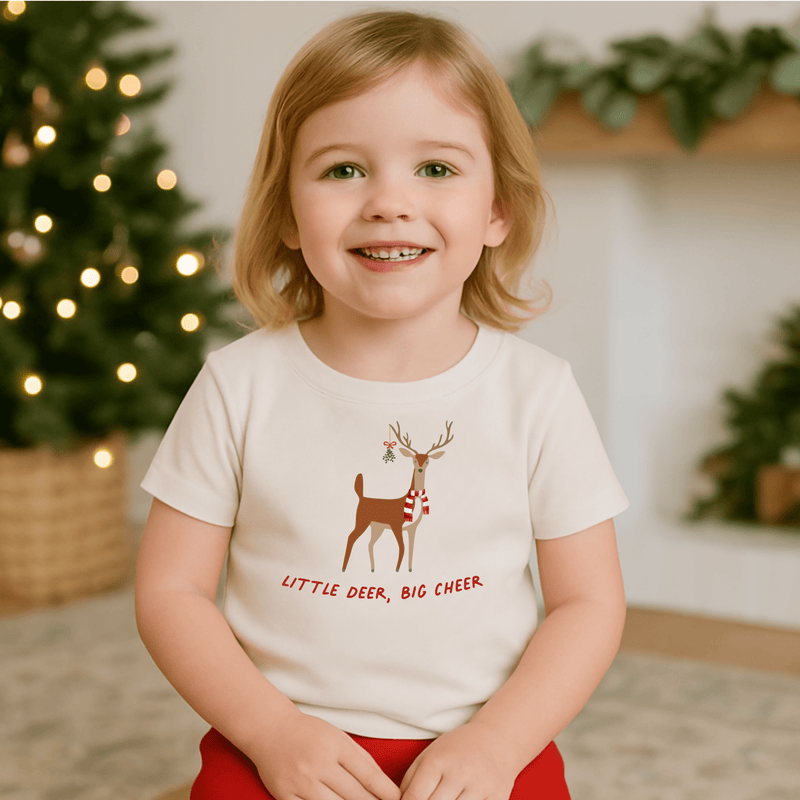 Toddler t-shirt with a reindeer design "Little Deer, Big Cheer" text  Island Soul Clothing & Gifts Seaside Heights New Jersey