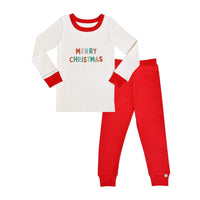 Toddler Christmas pajama set "Merry Christmas" text on white shirt with red trim and red bottoms - Island Soul Clothing & Gifts Seaside Heights New Jersey