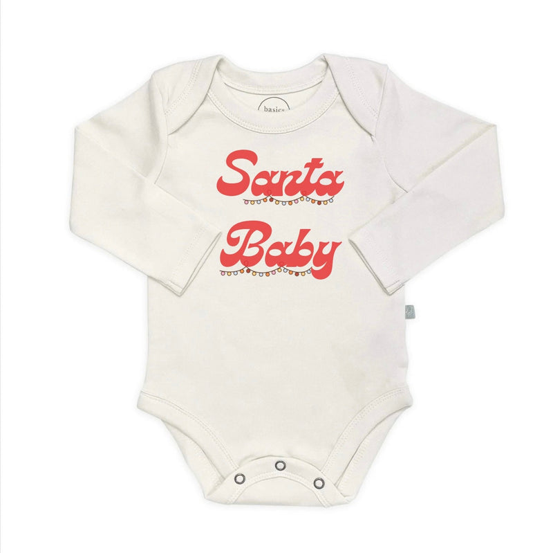 Long sleeve baby onesie with red  "Santa Baby" text in red with Christmas Lights Graphic on a white background - Island Soul Clothing & Gifts Seaside Heights New Jersey