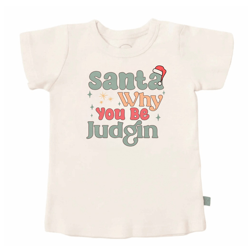Beige toddler t-shirt with colorful text 'Santa Why You Be Judgin' on a white background - Island Soul Clothing & Gifts Seaside Heights New Jersey