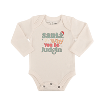 Baby onesie with "Santa Why You Be Judgin'" text on a off white background - Island Soul Clothing & Gifts Seaside Heights