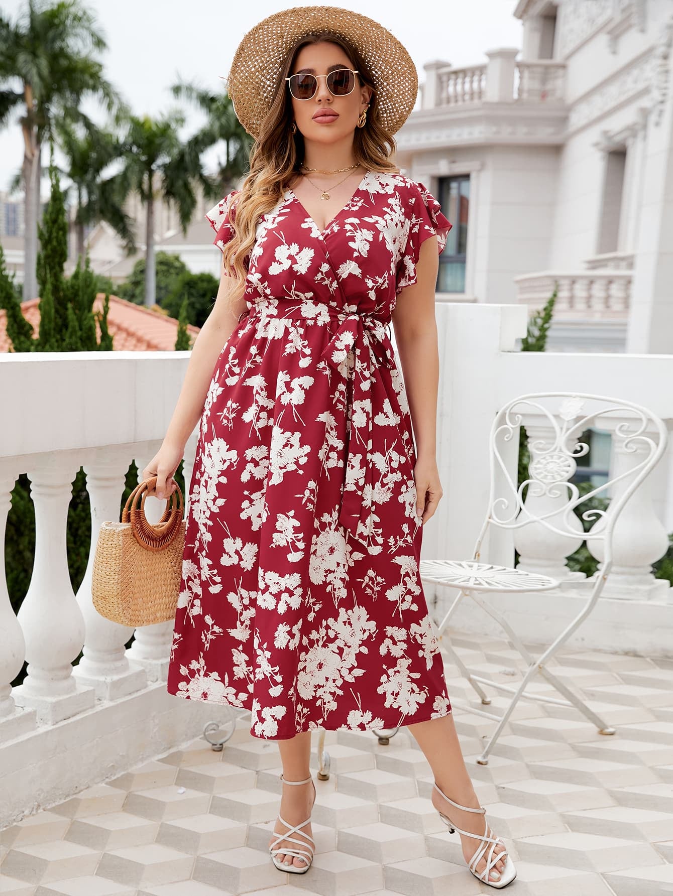 floral tie neck midi dress